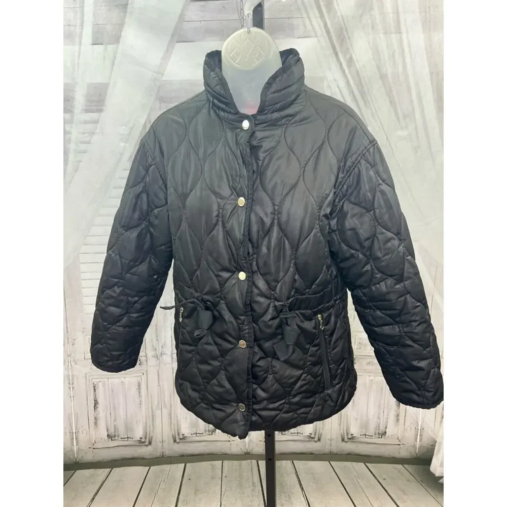 KATE SPADE Onion Quilt Jacket Black Cinched Waist Hood Women’s Size XS Classic